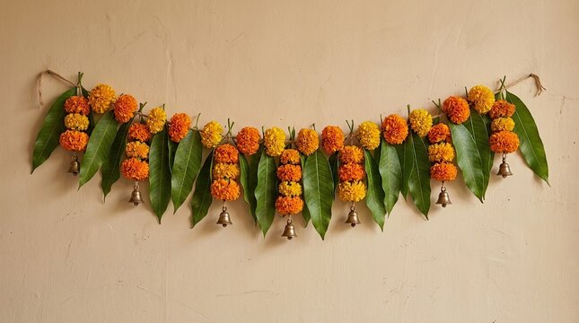 A vibrant and colorful toran decoration traditionally used during diwali celebrations welcomes prosperity and good fortune