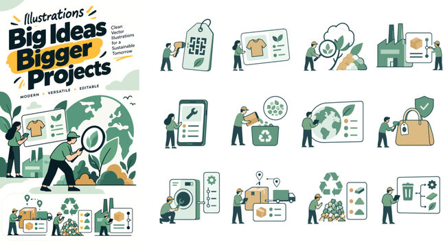 Sustainable Fashion and Circular Economy Vector Illustration Set