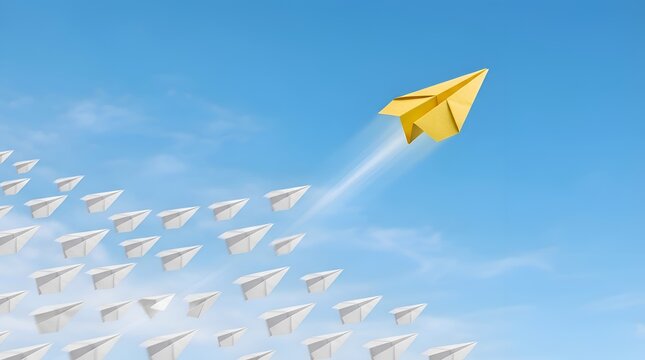 Yellow paper airplane flying higher and faster than a group of white planes in the blue sky, representing leadership, success, uniqueness, business innovation, and achieving higher goals.