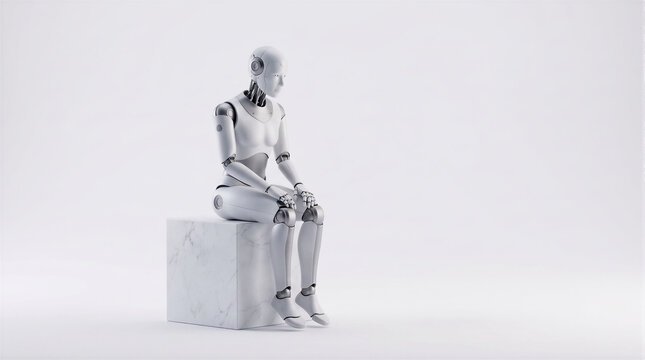 White metallic humanoid robot sitting thoughtfully on marble block isolated on clean background, representing artificial intelligence reflection and philosophy