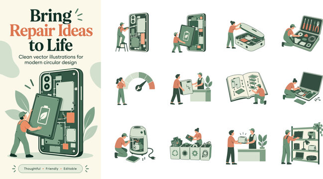 Electronics Repair and Circular Economy Vector Illustration Set with Device Maintenance