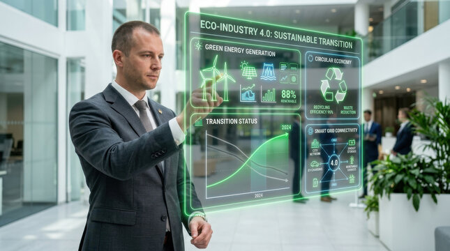 Businesswoman interacting with a holographic interface of renewable energy data in a modern office.
