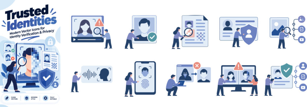 Trusted Identities Vector Illustration Set with Identity Verification and Privacy