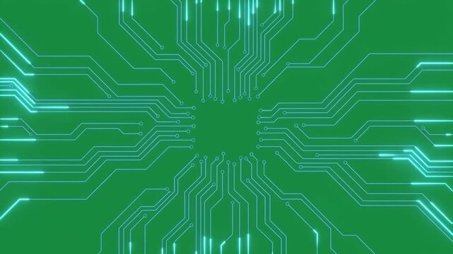 Glowing digital flower bloom with futuristic circuit line network background, radiating cyber electronic energy on green screen