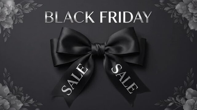 Black Friday sale promotional background featuring dark satin bow and glowing silver text