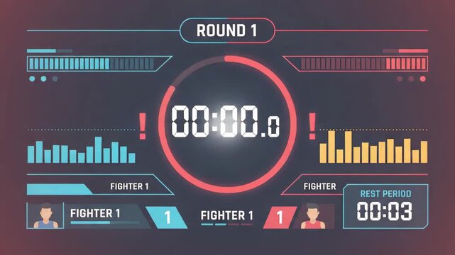 digital combat sports interface showing paused round timer and fighter statistics on dark background with stylized health bars and data visuals displayed throughout the screen layout