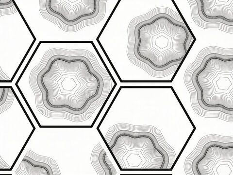 Abstract geometric pattern featuring dark hexagonal frames filled with intricate concentric black contour lines