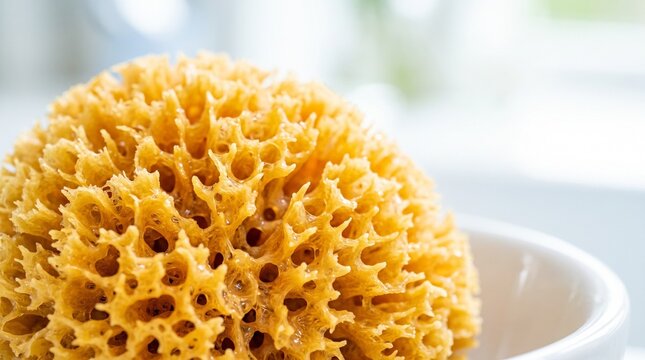 Sea sponge pores, macro texture in a white bowl  