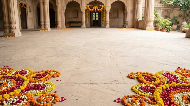 A beautiful courtyard scene decorated for diwali showcasing vibrant colors and traditional festive arrangements