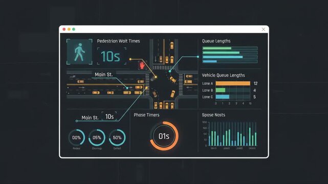 Digital traffic management dashboard showing pedestrian wait times and vehicle queue lengths at an intersection with live simulated cars moving through dark city street map in the background