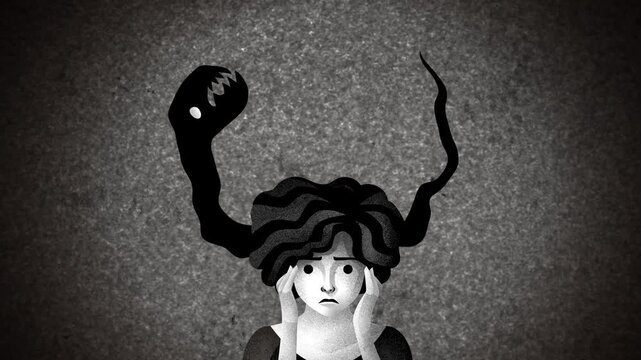 woman experiencing mental rumination with a dark thought repeatedly entering and leaving his head