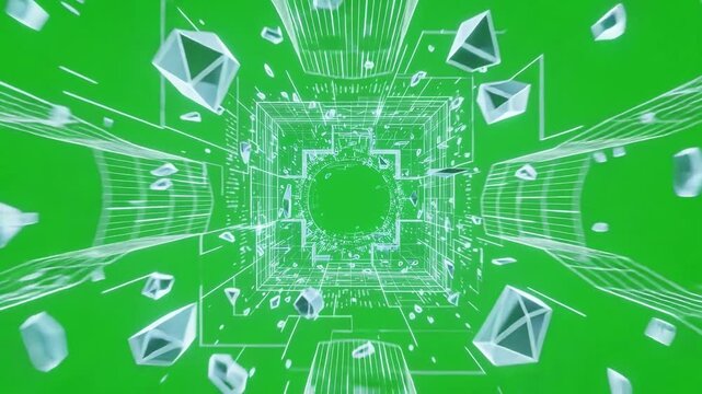 Futuristic crystal digital tunnel glass shatter explosion with flying shard debris, shockwave energy burst on chroma key green screen