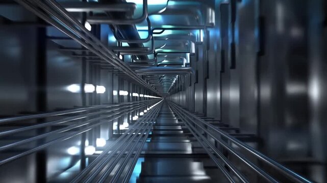 Parallel metal rails recede through a bluelit industrial shaft with repeating supports