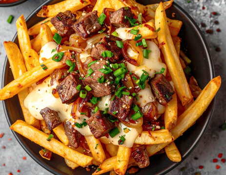 Loaded fries with caramelized onions and beef bites and mozzarella cheese, top view. AI