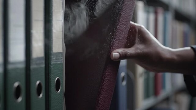 Hand pulls a dusty binder from an office archive shelf. Searching records and document retrieval. Filing system and workplace organization. Close-up of administrative work.