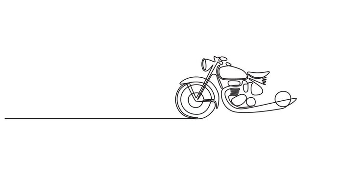 Animated self drawing of single continuous line draw old classic vintage motorcycle symbol. video Retro motorbike transportation concept. Full length one line animation illustration.4k new style 