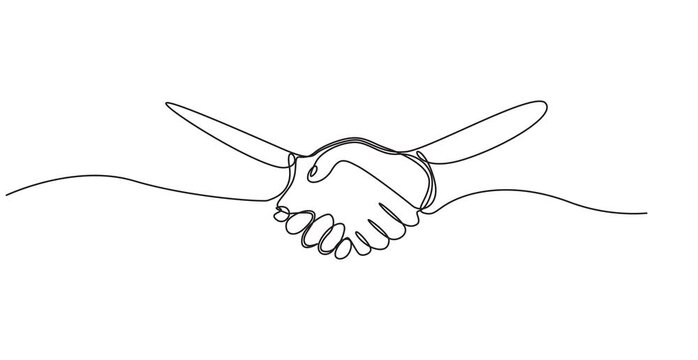animated continuous single line drawing of a handshake, line art animation, Hand line handshake people continuous business outline partnership vector together. Line hand handshake art concept trust,4K