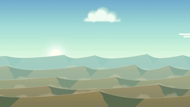 Desert sand dunes at dawn with sand blowing off the crests, parallax scrolling landscape in teal and turquoise, seamless loop animation