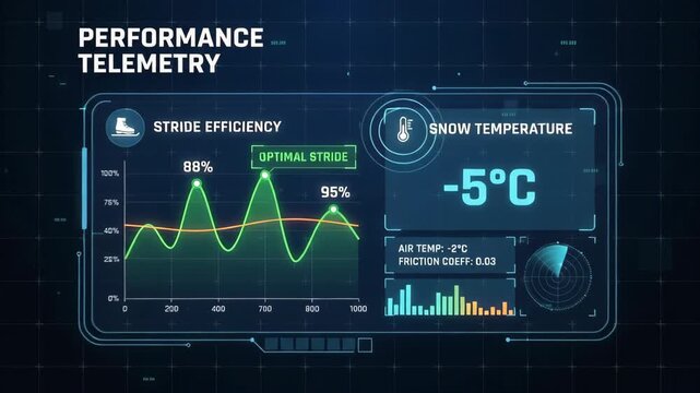 digital performance telemetry dashboard visualizing ice skating stride efficiency and snow temperature data over futuristic glowing grid interface