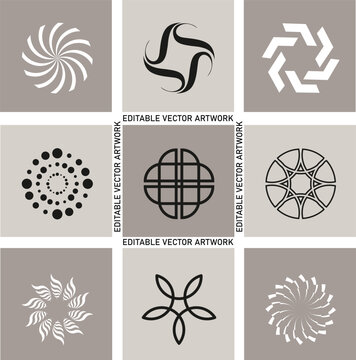 Minimalist Abstract Geometric Logo Icons Set, Modern Circular Vector Symbols Collection, Black and White Branding Design Elements