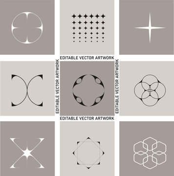 Minimalist geometric shapes graphic asset set, abstract modern logo design elements, Y2K modernism starburst symbols