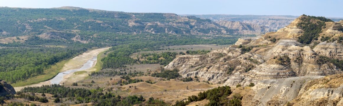 Panorama of the Little Missouri Scenic River flowing through the badlands in Theodore Roosevelt National Park, ND, USA