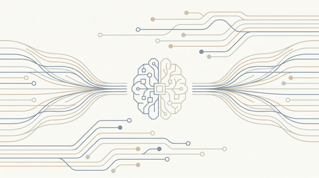 Abstract technological representation of a split human brain icon connected by horizontal circuit lines and nodes, symbolizing machine learning and artificial
