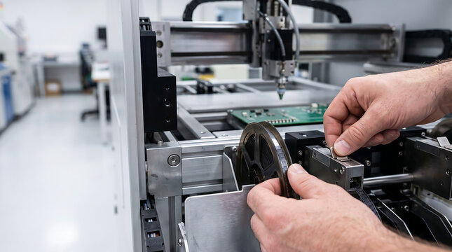 Operator Loading SMT Tape Reel into Automated Pick and Place PCB Assembly Machine