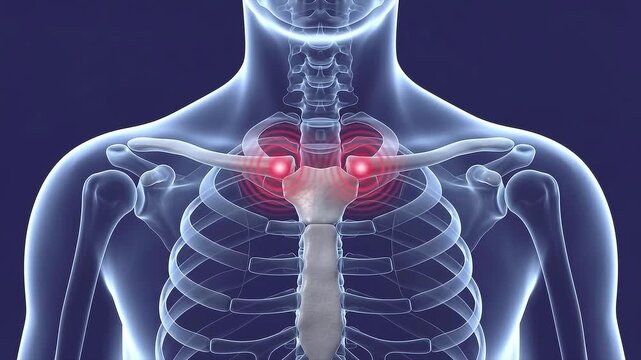 3d medical illustration showing pain in the clavicle and sternoclavicular joints of a human skeleton