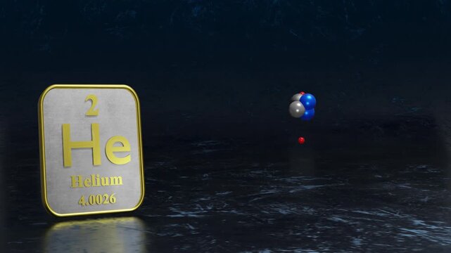 3D Render of Helium Atom Model with Periodic Table Element Tile for Science and Education