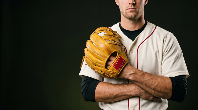 Baseball Player Posing with a Tan Leather Glove Against a Black Background, The dark background and controlled lighting emphasize the glove's texture and the player's uniform, creating a versatile vis