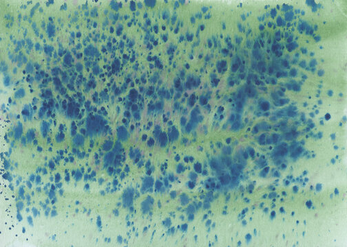 Dark Blue Splatters on Green Watercolor Wash