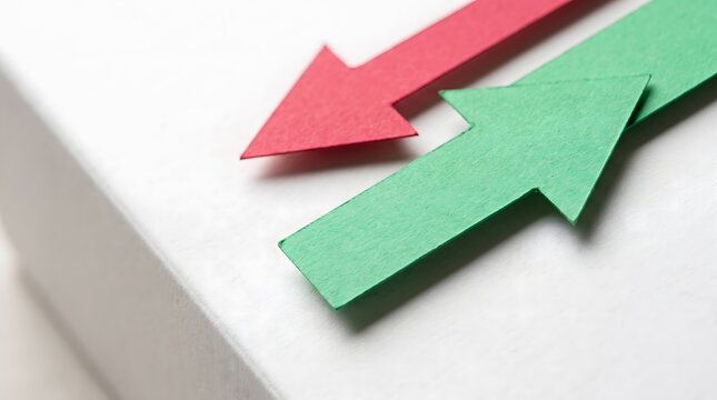 Opposing arrows indicate divergent financial trends and market fluctuations on a neutral surface.