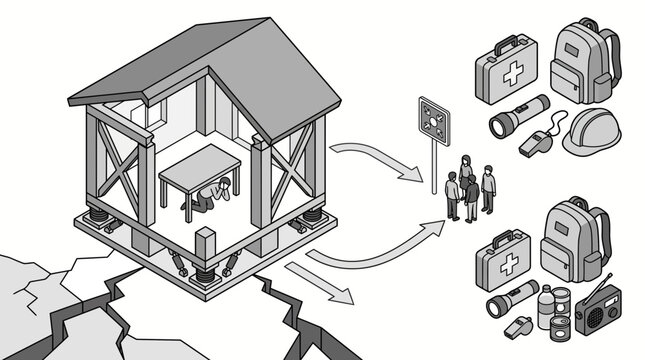Earthquake safety and emergency preparedness isometric illustration