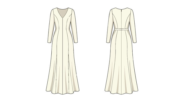 Women Long Sleeve Maxi Dress Technical Fashion Sketch Front and Back View for Garment Manufacturing and Prototyping