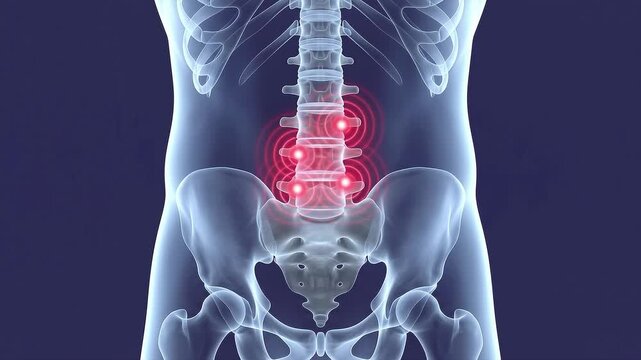 3d medical illustration of a human torso showing skeletal anatomy and lower back pain in the lumbar spine with red inflammation glowing spots.