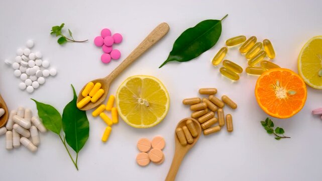 Various tablets and capsules, supplements and vitamins. Selective focus.