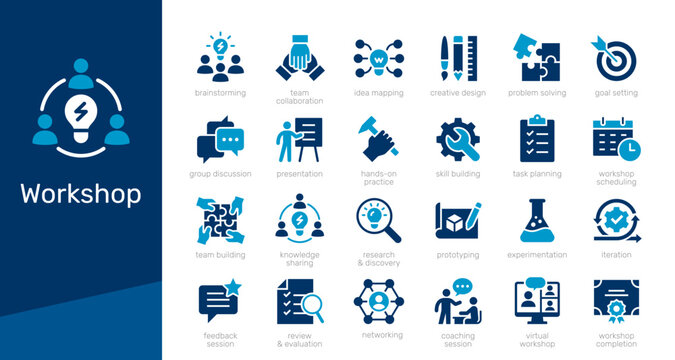 Workshop solid icon collection for business training, team collaboration, and skill building concept