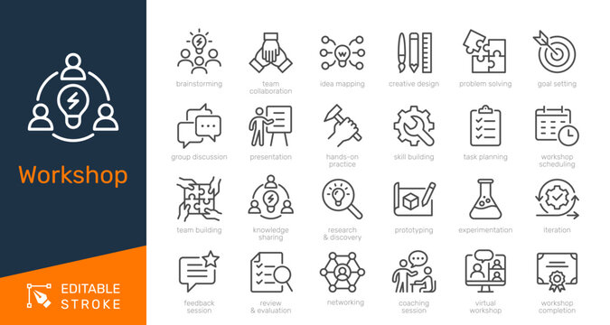 Workshop thin line icon collection for business training, team collaboration, and skill building concept. Editable stroke. Pixel perfect.