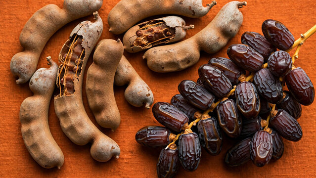 Glossy Dates and Tamarind Pods on Terracotta
