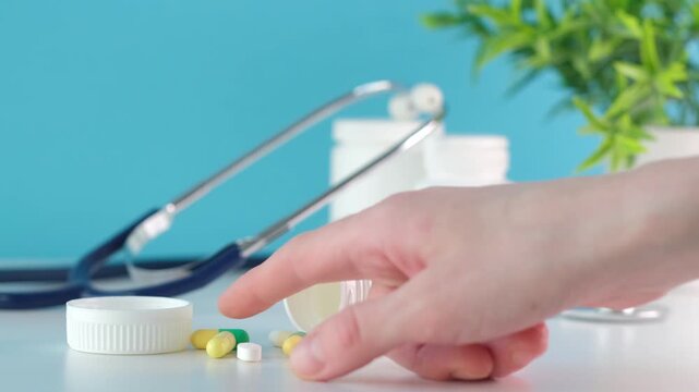 A woman runs her fingers through a scattering of pills and capsules (vitamins and prescription medications) on a white table; soft clinical lighting.