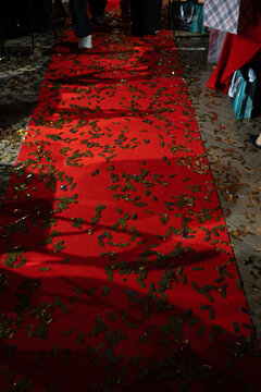 People walking on a red carpet covered with gold confetti. Concept of celebrity event, gala award ceremony and luxury celebration.