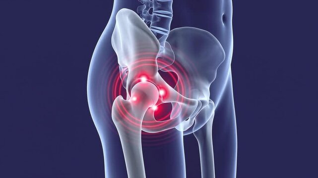 3D medical illustration of a human hip joint showing pain and inflammation with red circles around the pelvis and femur, representing arthritis, injury, or joint ache