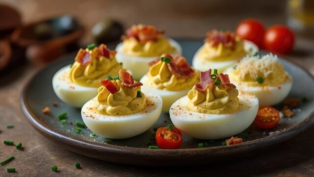 Plate of halved hard-boiled eggs filled with creamy yolk mixture, topped with bacon and chives