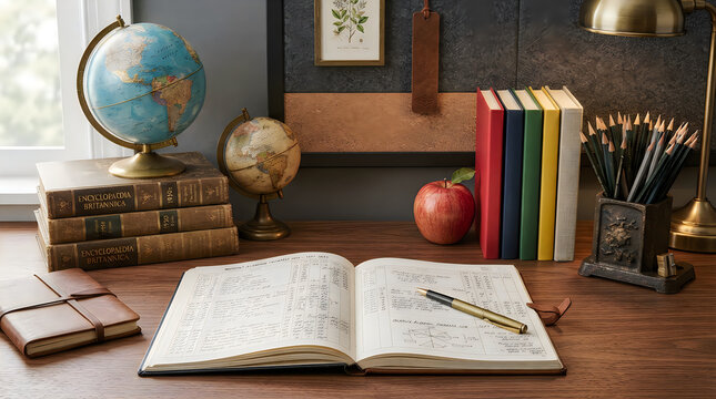 Open notebook with pen on a wooden desk with a globe books and pencils in a cozy home office