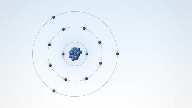 Aluminium atom model with electrons orbiting on 3 shells in white and dark blue, seamless loop animated background