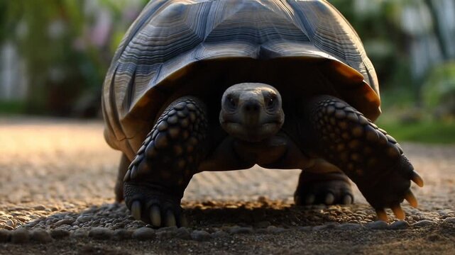 Tortoise holds a forwardfacing stance on a gravel path in a leafy garden