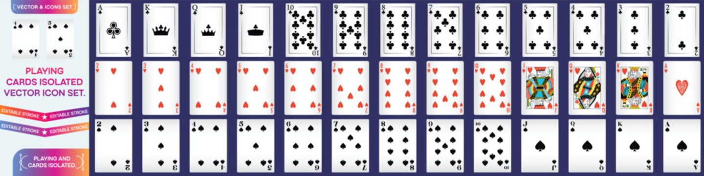 Royal flush playing cards isolated on transparent background. Classic playing cards (poker, bridge), full deck. Printable, vector and editable. Portraits of the King, Queen, Jack and Joker spades, set