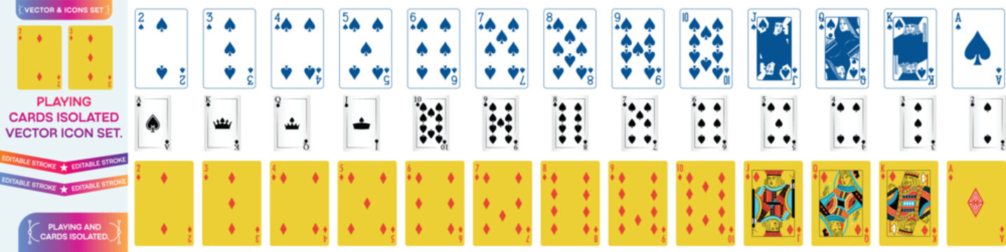 Royal flush playing cards isolated on transparent background. Classic playing cards (poker, bridge), full deck. Printable, vector and editable. Portraits of the King, Queen, Jack and Joker spades, set