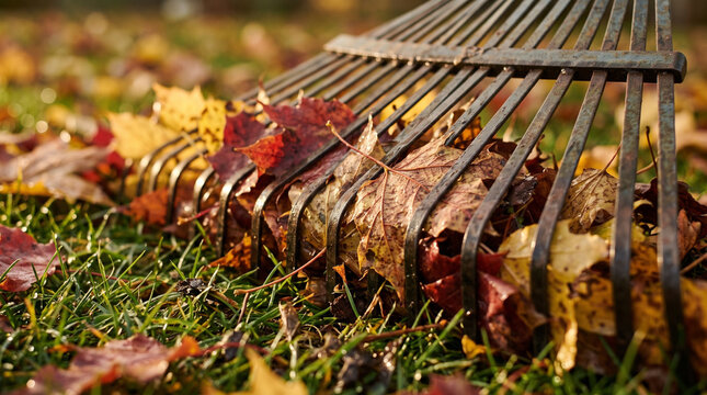 Rake gathering fallen leaves autumn lawn cleanup with colorful foliage  